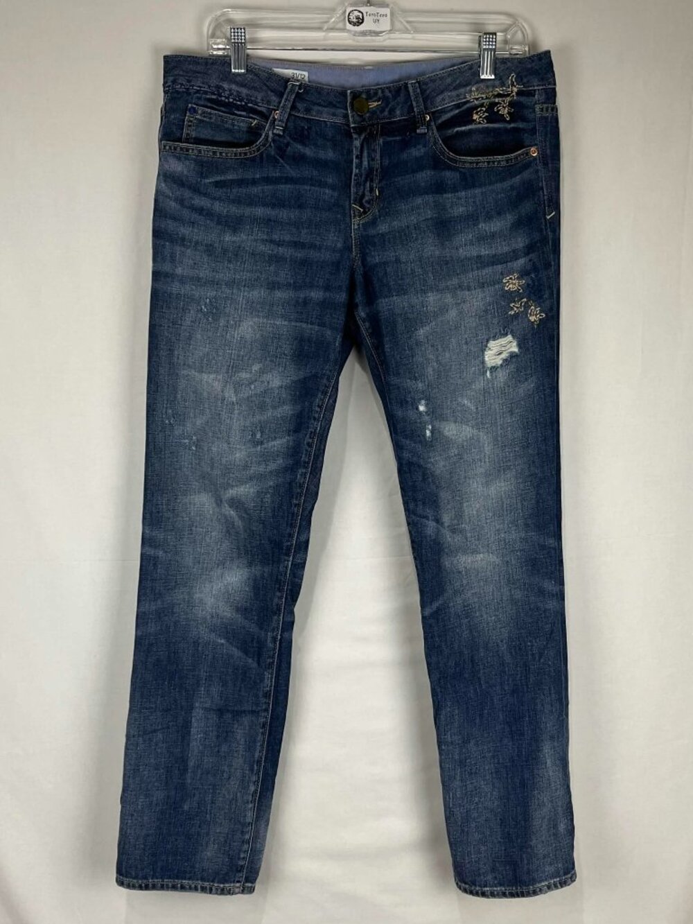 GUC Gap 1969 Womens Real Straight Blue Distressed Embroidered Jeans Size 31